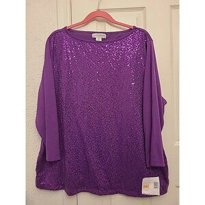 Sag Harbor 3/4 Sleeve Top Women’s 2X Plus Purple Sequins Bling Sparkle Holiday